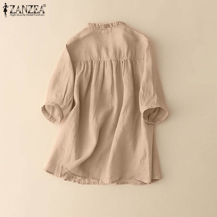 สินค้ามาใหม่-จัดส่งฟรี-fancystyle-zanzea-เสื้อเชิ้ตแต่งระบายแบบเรียบง่ายของผู้หญิงเสื้อมีกระดุมทรงหลวมผ้าคอตตอนเสื้อเบลาซ์สีพื้น-2