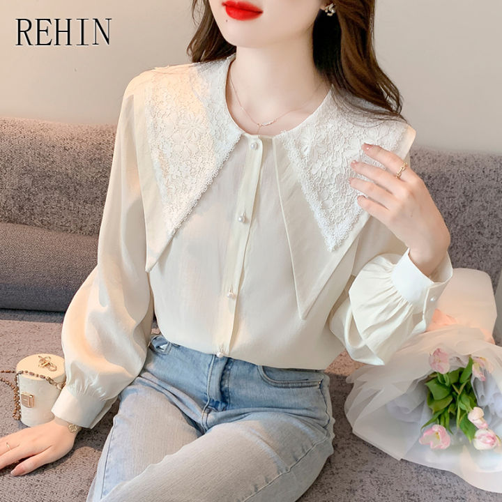 rehin-ผู้หญิงฤดูใบไม้ร่วงใหม่เวอร์ชั่นเกาหลีของปกปกลูกไม้เย็บเสื้อแขนยาวสีขาวเสื้อสง่างาม