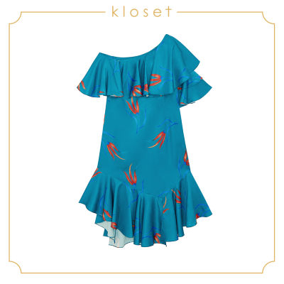 Kloset One Shoulder Printed Dress (AW18-D012) เสื้อผ้าแฟชั่น เสื้อผ้าผู้หญิง เดรสแฟชั่น เดรสผ้าพิมพ์