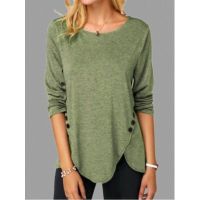 ✣☃▫  Womens Casual Tees loose Tops Spring/Summer 2023 Long Sleeved Solid Cotton Comfortable Round Neck Female Button T-shirt S-XXL