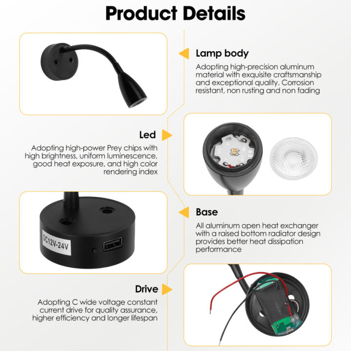12v-นำไฟอ่านหนังสือแสง-usb-สัมผัสเปิด-ปิดไฟตบแต่งภายใน-campervan-สามสีหรี่แสงและปรับแสงโคมไฟผนังข้างเตียงรถตู้สำหรับรถบ้าน