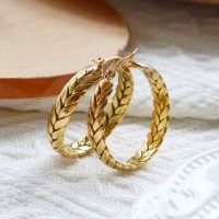 Vintage Woven Chain Wheat Stainless Steel Circle Hoop Earrings Creative Gold-Plated Metal Round Geometric Large Earring Jewelry