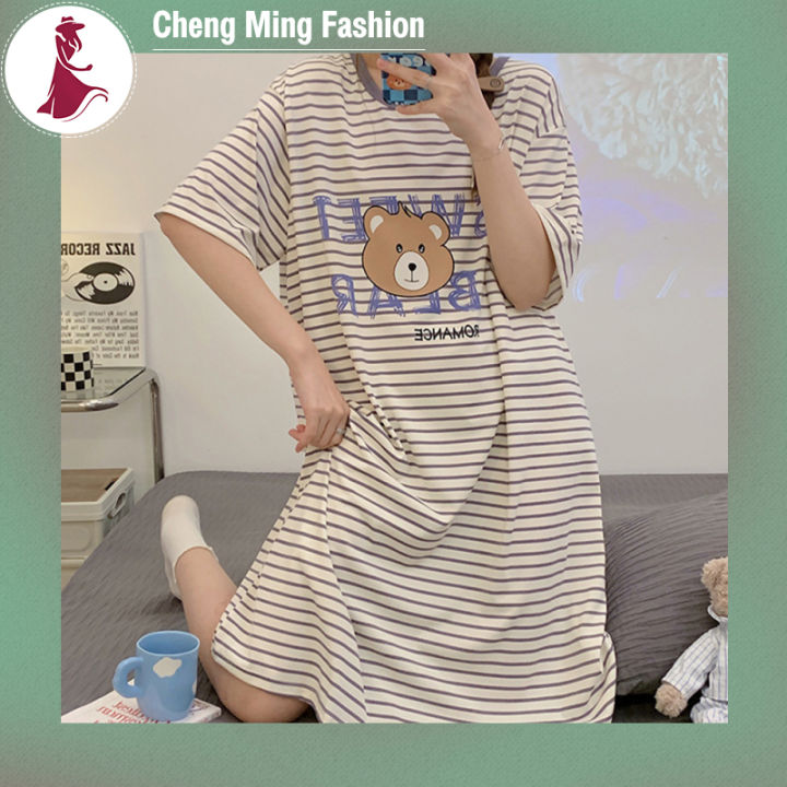cheng-ming-ชุดนอนแขนสั้นสำหรับผู้หญิง-ชุดนอนชุดราตรีลายทางใส่สบายเหมาะกับผิวสวมใส่ฤดูร้อนแฟชั่น