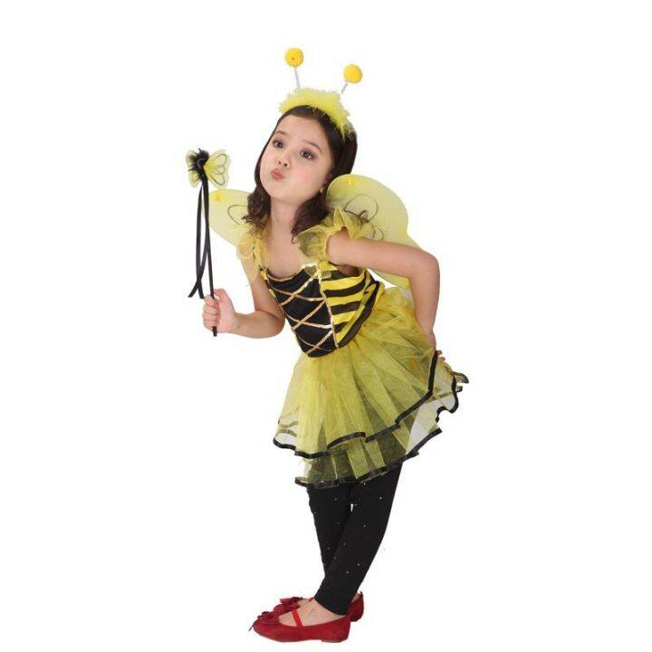 Girls Honey Bee Dress Child Insect Cosplay With Wings Kids Halloween