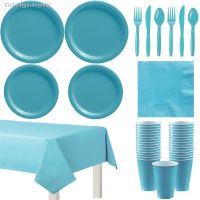 ◄ Blue Solid Color Party Set Disposable Plastic Plate Cup Tablecloth Birthday Party Wedding Decoration 10 People Adult Supplies