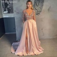 ∋ gsgw FDHAOLU-Sequin Pink Prom Vestidos Fenda Sexy Cetim Manga Comprida Vestidos de Festa Simples A Linha RU182