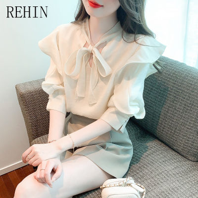 REHIN เสื้อผู้หญิงแขนพองหวานสไตล์ฝรั่งเศส,เสื้อเสื้อผู้หญิงแขนสั้นผ้าชีฟองสำหรับฤดูร้อน