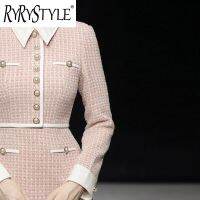 RYRYSTYLE ชุดเดรสผู้หญิงผ้าทวีตหนาเอวเข้ารูปพอดีสีชมพูอ่อนสำหรับฤดูใบไม้ร่วงและฤดูหนาวกระโปรงยาวปานกลาง15