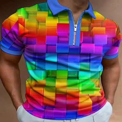 Rainbow Block 3D Print Polo Zipper Shirt for Men