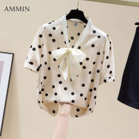 AMMIN เสื้อเชิ้ตผ้าชีฟองลายจุดแขนสั้นผูกโบว์ใหม่2023เข้าได้อารมณ์ MODE Korea ดีไซน์เสื้อแขนสั้นผู้หญิง