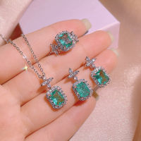 HotNew เครื่องประดับสามชิ้นชุดสำหรับผู้หญิงข้าม Paraiba มรกตจี้สร้อยคอต่างหูปรับแหวนสำหรับผู้หญิงพรรคเครื่องประดับ