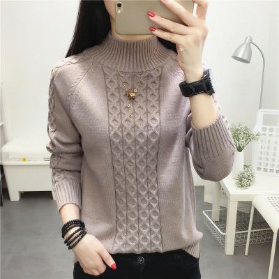 Womens Long-sleeved Knit Sweater 2021 Fashion Half High Neck Warm Knit Sweater Autumn and Winter New Loose Sweater Womens Solid Color Bottoming Shirt