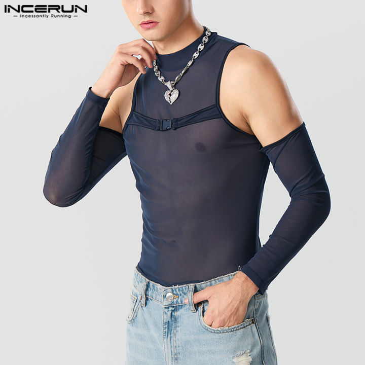 incerun-เสื้อยืดแขนยาวสำหรับผู้ชายขุดไหล่ผ้าตาข่ายแบบธรรมดา-สไตล์ตะวันตก