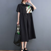 Japanese Style Patchwork Street Wear Chic Girls Fashion Black Blouse Dress Plus Size Loose Women Casual Summer Midi Dress