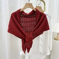 ；【‘；- Japanese Korean New Hollow Out Shawl Sun Protection Warm Solid Color Triangle Scarf Womens Fashion Versatile Decorative Stole