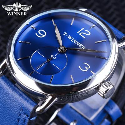 นาฬิกาข้อมือกลไกผู้ชายเข็มขัดหนังสีฟ้าหน้าปัดแฟชั่นบลูสำหรับผู้ชายดีไซน์อิสระมือสอง