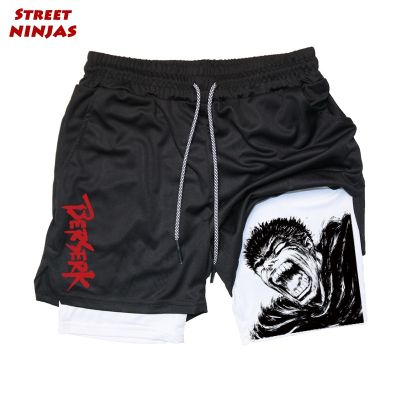 ◕▫ Anime Berserk 2 in 1 Compression Shorts for Men Athletic Performance Gym Shorts with Towel Loop Pocket Quick Dry Fitness Workout