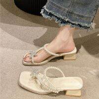 French Rhinestone Slippers Outer Wear 2023 New High-End Thick Heel Bow Toe