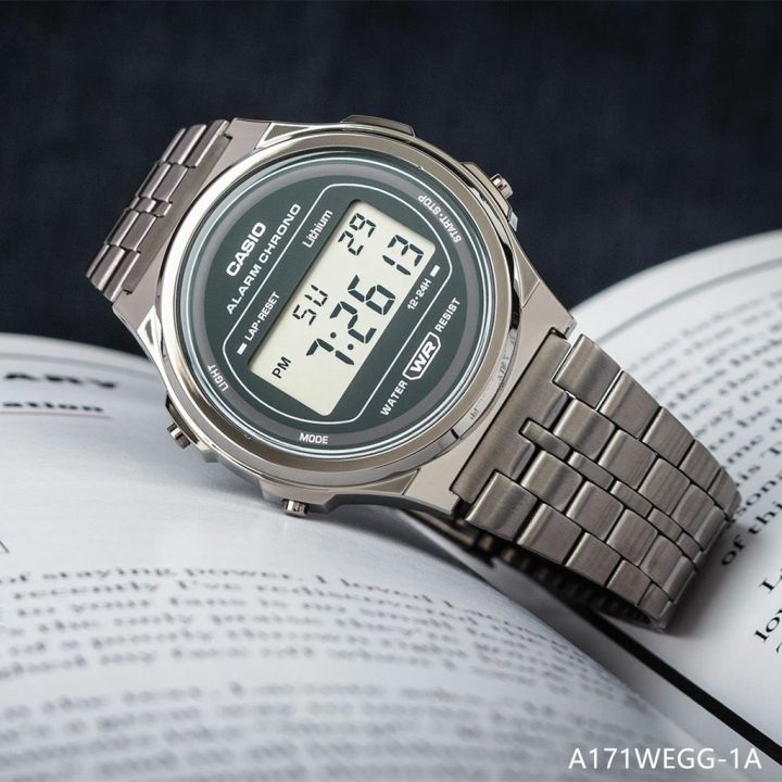ในสต็อก-casio-a171we-1-วินเทจ-unisex-รอบนาฬิกาอิเล็กทรอนิกส์แถบเหล็กผู้ชายนาฬิกาทองขนาดเล็ก