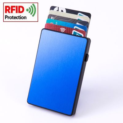 เคสใส่บัตรอะลูมิเนียม + พลาสติกกระเป๋าสตางค์บัตร RFID แบบบางสำหรับผู้ชายผู้ถือบัตร RFID บัตรโลหะสำหรับผู้หญิงสีน้ำเงินแบบบาง