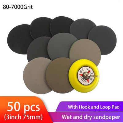 50pcs Wet Dry Sandpaper Assortment 80-7000 Grit Sander Disc 3inch75mm With Hook and Loop Sanding pad for Wood