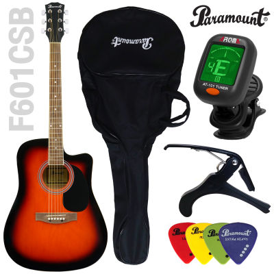 Paramount Acoustic Guitar กีตาร์โปร่ง 41 คอเว้า รุ่น F601CSB (สีซันเบิร์ส) + พร้อมอุปกรณ์กีต้าร์ครบเซ็ต (กระเป๋า &amp; เครื่องตั้งสาย &amp; คาโป้ &amp; ปิ๊ก 4 ตัว) ** กีต้าร์โปร่งมือใหม่ที่คุ้มค่าเงินที่สุด **
