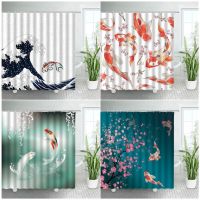 3D Red Carp Koi Shower Curtains Set Sea Wave Fish Pink Flowers Chinese Style Decor Bathroom Polyester Fabric Bath Curtain Screen