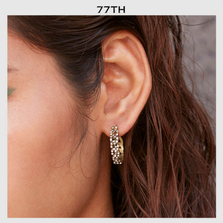 77th-crystals-chain-brass-earrings-ต่างหูห่วงรูปโซ่ประดับคริสตัลสีทองเหลือง