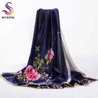 ▤☂❐ [BYSIFA] Navy Blue Chinese Roses Women Scarves Fall Winter Utrlong Top Grade Brand Trendy Silk Letters Long Scarf Shawl Wrap