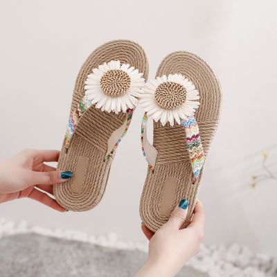 2023 imitation hemp tourism base outside wearing flip-flops flower beach sandals Han sponge with female slippers