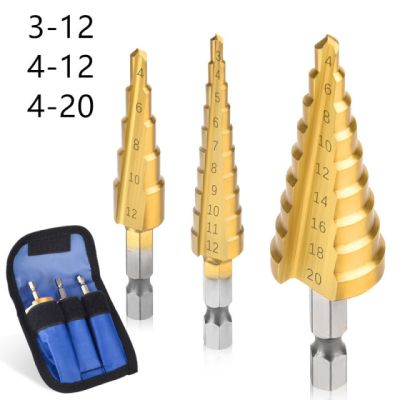 HH-DDPJ3pc/set Wood Hole Cutter Cone Drill Hss Titanium Coated Step Drill Bit Drilling Tools Metal High Speed Steel 3-12mm 4-12mm 4-20m