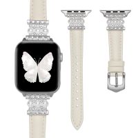 ☜✟☍ Light Luxury Pearl Real Leather Silver Diamond Watch Band for Apple Iwatch 38 40 41 42 44 45 49mm Distinguished Womens Strap