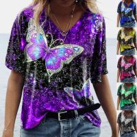 【JH】 ebay independent station European and womens 2021 spring autumn new five-quarter sleeve butterfly print top women