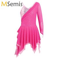 ♨ Sequins Figure Skating Dress Kids Girls Long Sleeve Mesh Splice Stage Lyrical Dance Costumes Ballet Gymnastics Leotard Dress