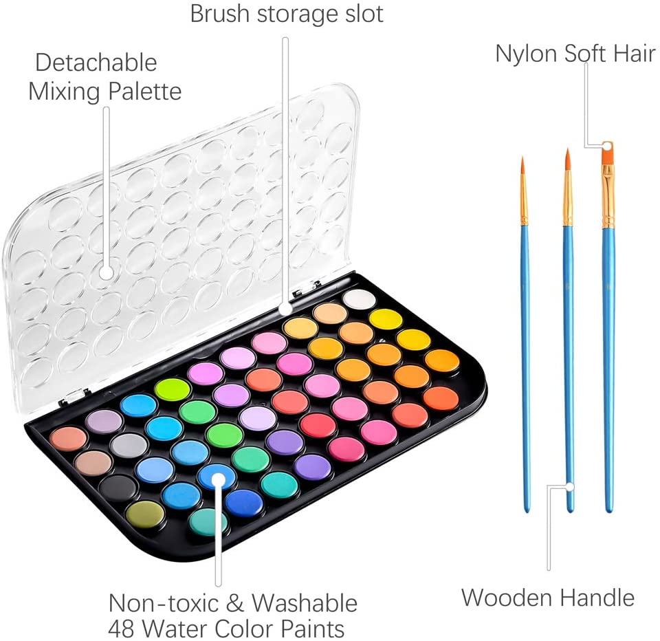 Great Water Color kids paint 48 Colors of Washable Watercolor Paint Includes Watercolor Palette and 3 Paint Brushes Watercolor Paint Set 