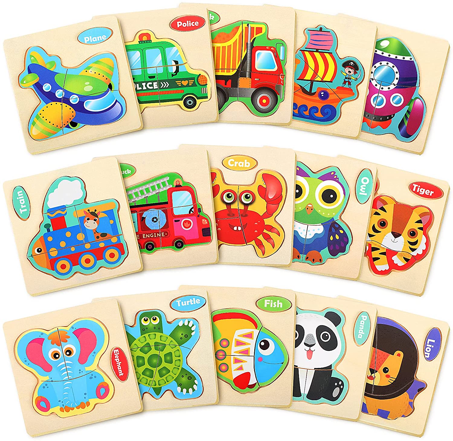 15 Pack Wooden Puzzles for Toddlers 3 Years Animal Vehicle Jigsaw Puzzle Educational Kids Puzzles Toys Montessori Learning Jigsaw Toy
