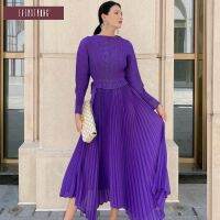 2023 Hot Western-style waist-cinching fake two-piece lace-up bat-sleeve ruffle pleated dress Miyake long skirt pleated skirt tea break skirt