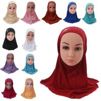 【CW】 Kids Muslim Arabic Hijab Uuderscarf School Rhinestone Child Headwear Cover Bonnet Shawl Wrap Headscarf 2-6 Years