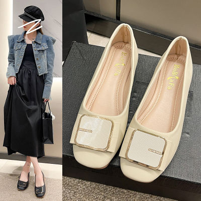 2023 Spring, Summer, and Autumn New Thick Heels, Shallow Mouth Square Button Single Shoes, Low Heels, Casual Fashion Trend, One Step Lazy Womens Shoes