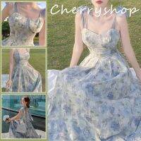 cherryshop พร้อมส่ง?เดรส?เดรสสลิงลายดอกไม้ฝรั่งเศส เดรสยาวอ่อนโยนและสง่างาม