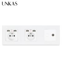 UNKAS PC พลาสติก Dual ภาษาฝรั่งเศสคำซ็อกเก็ตมาตรฐาน4 USB + ทีวีโทรทัศน์แจ็คหญิง RJ45 CAT5E อินเทอร์เน็ตข้อมูลคอมพิวเตอร์