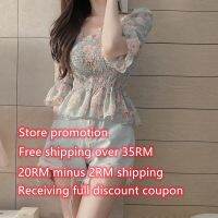 Ready Stock blouse Womens chiffon shirt new spring and summer Korean sweet floral bell sleeve wrapped chest nipped-waist slimming and shor