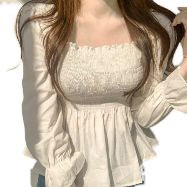 เสื้อเบลาส์คอเหลี่ยมอัดจีบสำหรับผู้หญิงเสื้อยืดสีพื้นสาวๆเก๋ไก๋แบบเกาหลี