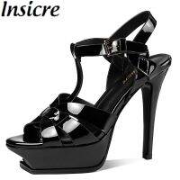 Insicre Patent Leather Summer Sexy Women Flatform Fashion Sandals Style Thin High Heels Peep Toe Prom Wedding Night Club Shoes