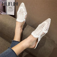 NIUFUNI New Style Women Slippers Rattan Knit Casual Sandals Indoor Floor Shoes Home Mules Pointed Toe Flat Shoes Woman