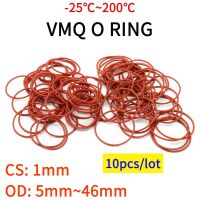 10ชิ้น Vmq O Ring ปะเก็นซีลความหนาของปะเก็น Cs 1Mm Od 5 ~ 46มม. ยางซิลิโคนหุ้มฉนวนเครื่องล้างกันน้ำทรงกลม Nontoxin สีแดง