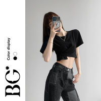 BG World Black knotted short-sleeved t-shirt womens new sexy temperament student self-cultivation all-match short solid color top BG071