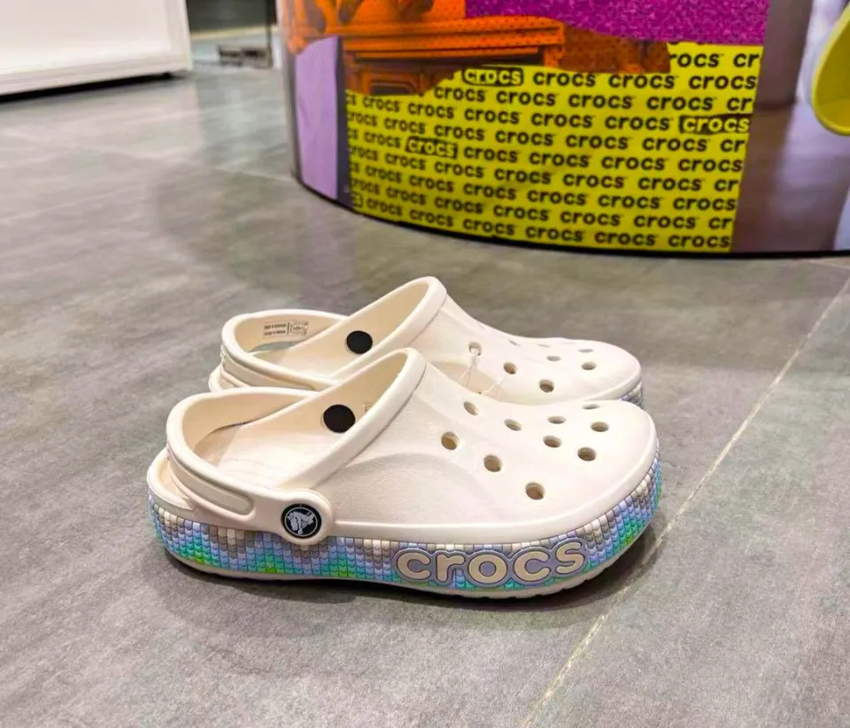 crocs with rainbow words