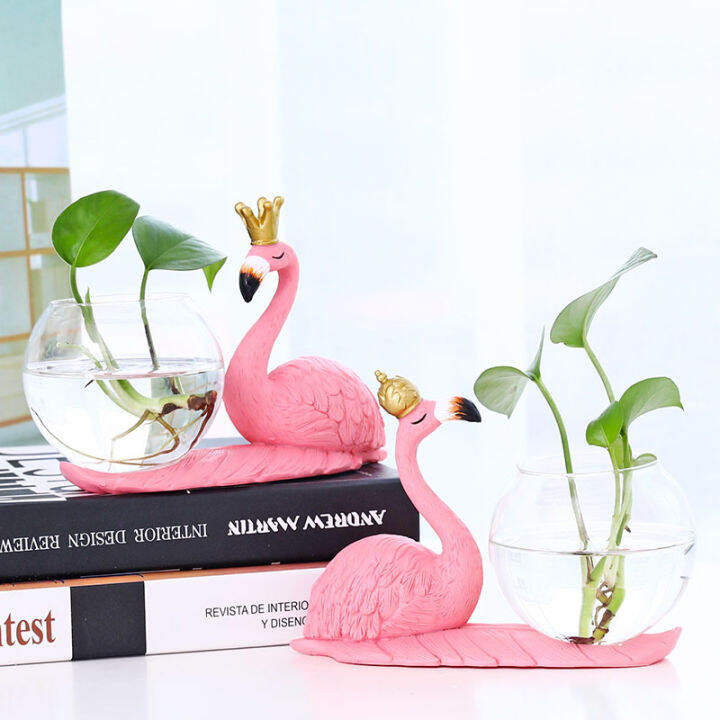 strongwell-home-decoration-crafts-modern-flamingo-ornament-with-glass-hydroponics-resin-flower-vase-green-plants-container