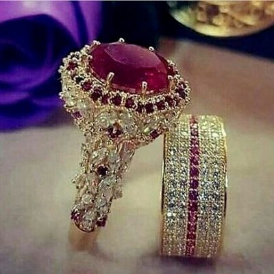 [MM75] สีทองสง่างามแหวนฮิปฮอปสำหรับผู้หญิงแฟชั่นฝังเพทายหินสีแดงแหวนแต่งงานชุดพรรคเจ้าสาวหมั้นเครื่องประดับ